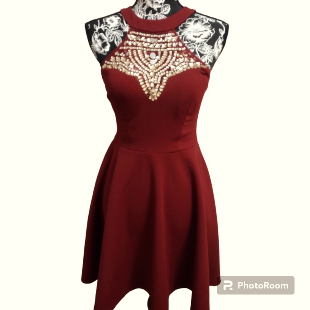 B. Darlin Burgundy Beaded Cage Back Skater Dress